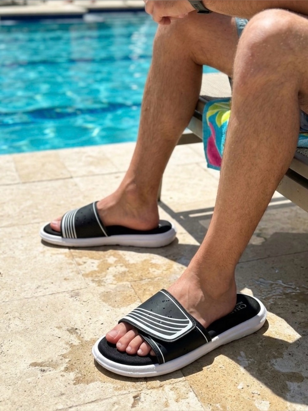 CHAPS: Memory Foam Men's Black Slide Sandals with White Stripes- Size 9